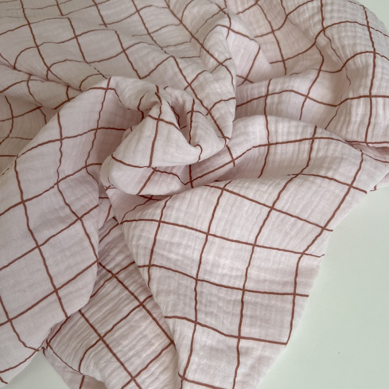 Double gaze de coton Jacques rose carreaux bois de rose