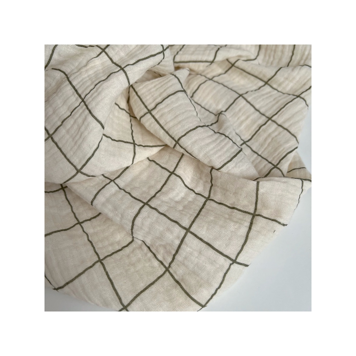 Double gaze de coton Jacques écru carreaux fougère Batikou - 1