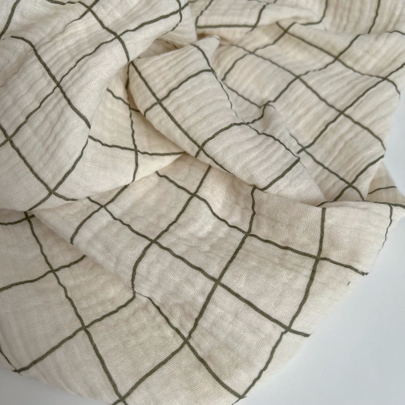 Double gaze de coton Jacques écru carreaux fougère Batikou - 1