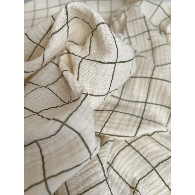 Double gaze de coton Jacques écru carreaux fougère Batikou - 3