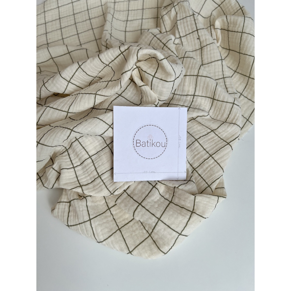 Double gaze de coton Jacques écru carreaux fougère Batikou - 4