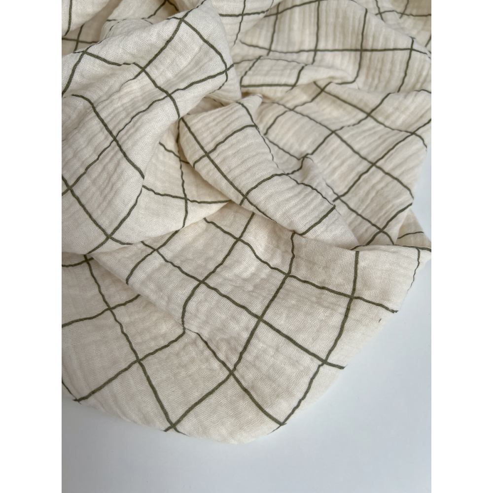 Double gaze de coton Jacques écru carreaux fougère Batikou - 8