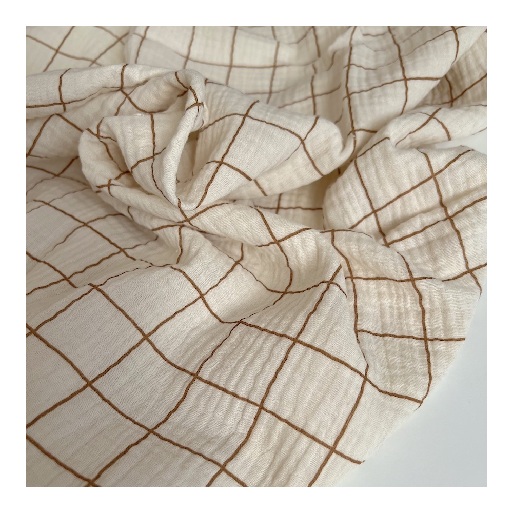 Double gaze de coton Jacques écru carreaux cassonade Batikou - 1