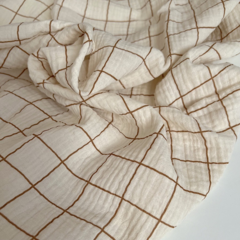 Double gaze de coton Jacques écru carreaux cassonade Batikou - 1