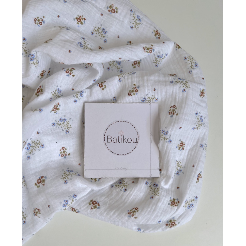 Double gaze de coton Zoli blanc fleuri bleu marron vert