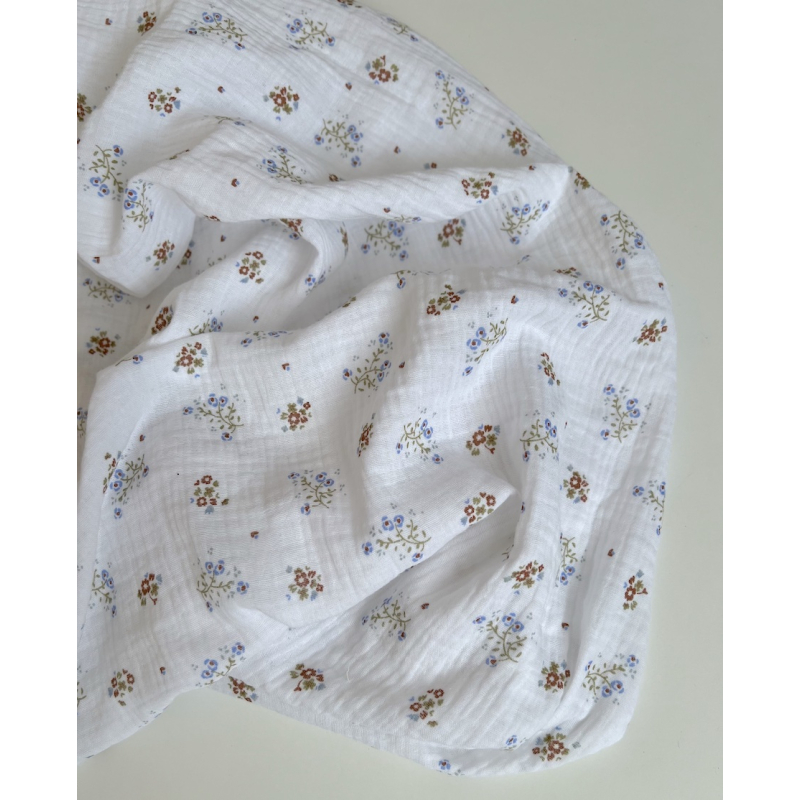 Double gaze de coton Zoli blanc fleuri bleu marron vert