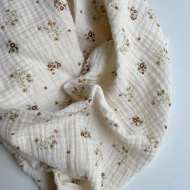 Double gaze de coton Zoli écru fleuri marron et vert