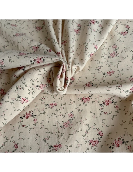 Sophie - Tissu sergé de coton imprimé vintage fleuri fond crème Batikou - 1
