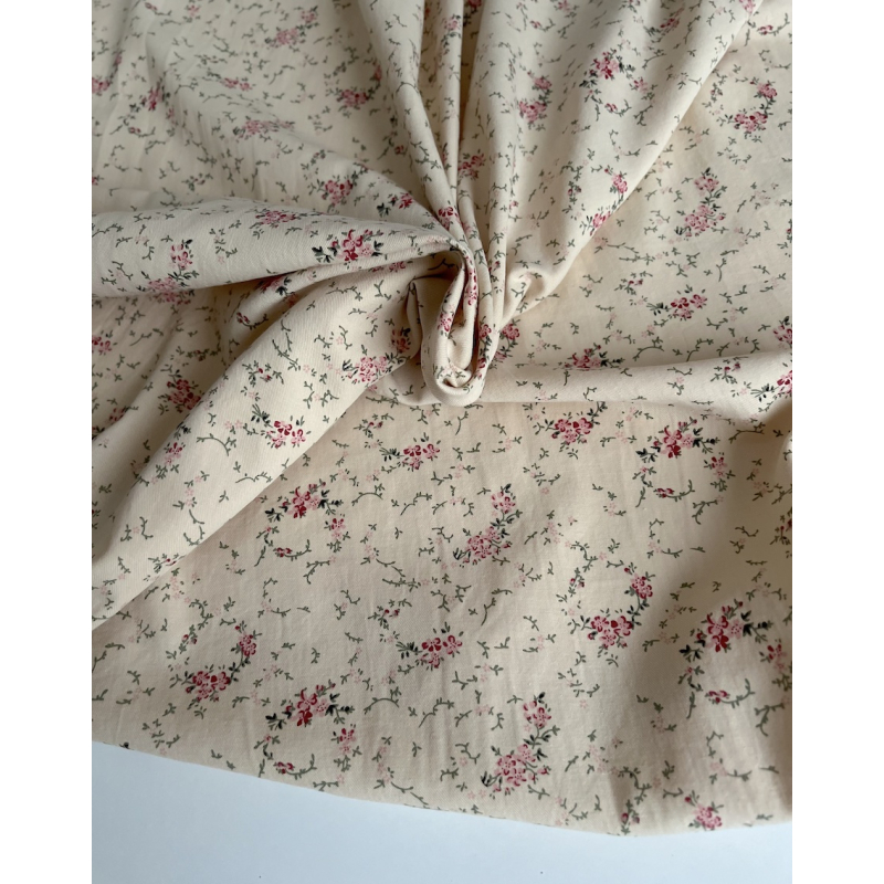 Sophie - Tissu sergé de coton imprimé vintage fleuri fond crème Batikou - 5