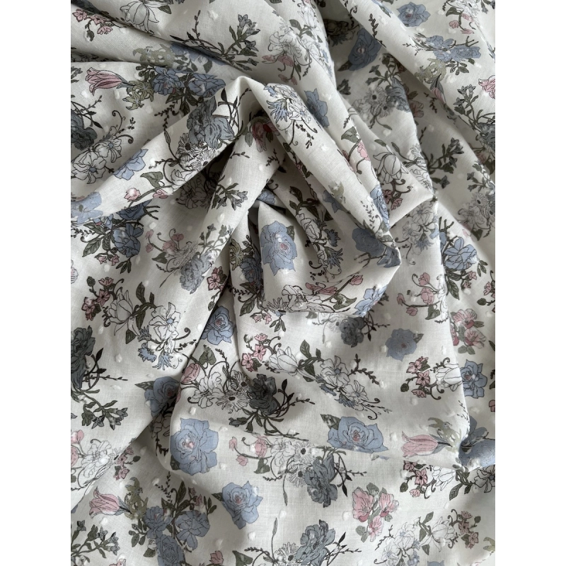 Andrea - Plumetis de coton imprimé fleuri bleu et rose Tissus issus de l'agriculture biologique  - 3