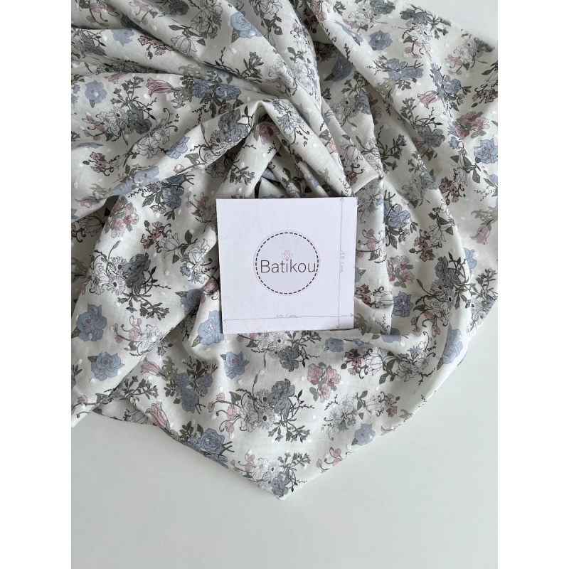 Andrea - Plumetis de coton imprimé fleuri bleu et rose Tissus issus de l'agriculture biologique  - 4