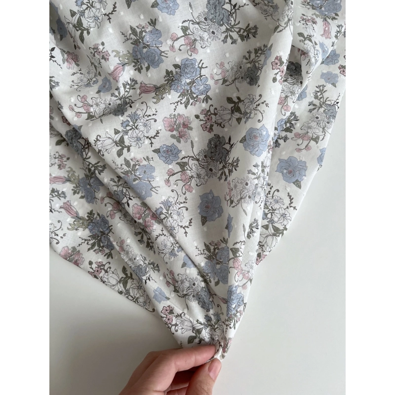 Andrea - Plumetis de coton imprimé fleuri bleu et rose Tissus issus de l'agriculture biologique  - 5
