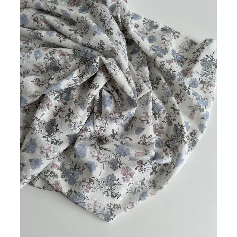 Andrea - Plumetis de coton imprimé fleuri bleu et rose Tissus issus de l'agriculture biologique  - 6
