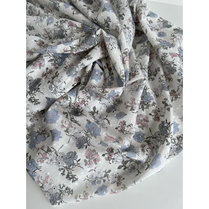 Andrea - Plumetis de coton imprimé fleuri bleu et rose Tissus issus de l'agriculture biologique  - 7
