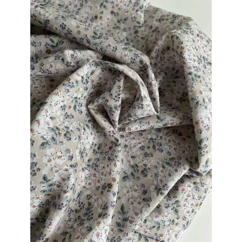 Clarence - Batiste de coton SILKYNE à imprimé fleuri fond beige Tissus issus de l'agriculture biologique  - 6