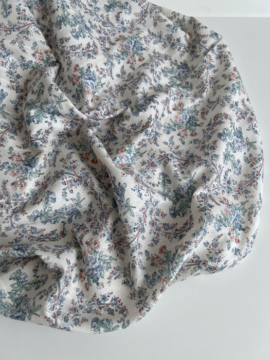 Zina - Voile de coton texturé imprimé fleuri bleu / vert Qualité Oeko-tex - 8