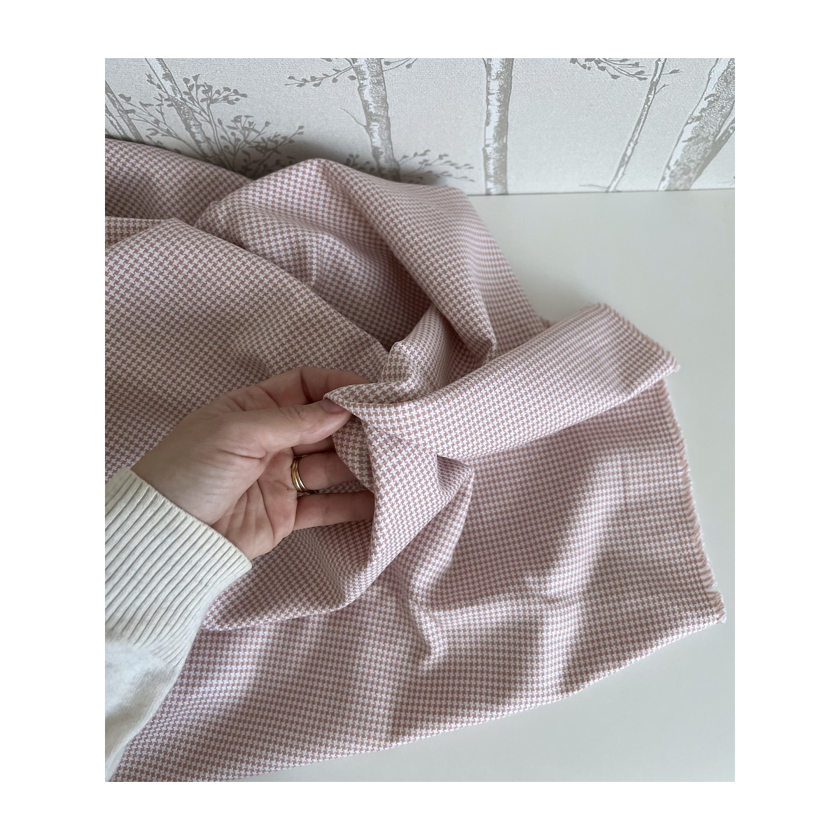 Carlyn - Coton gratté doux tissé coloris pied de poule rose tendre Batikou - 2