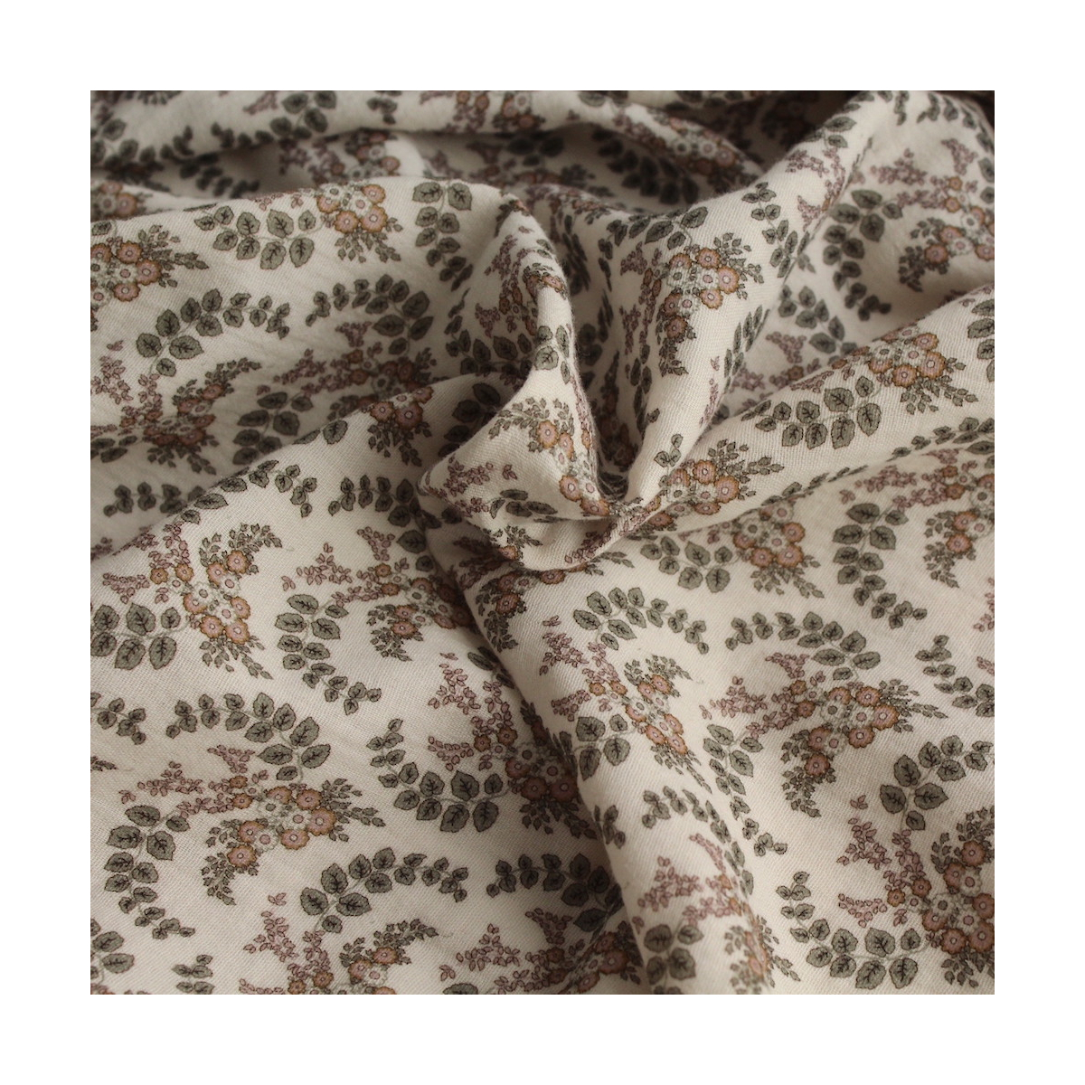 Double gaze de coton organique BIO à fleurs kaki Tissus issus de l'agriculture biologique  - 1
