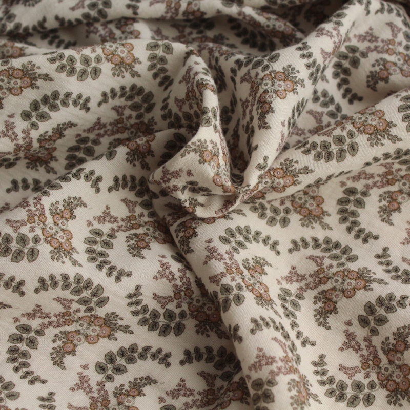 Double gaze de coton organique BIO à fleurs kaki Tissus issus de l'agriculture biologique  - 1