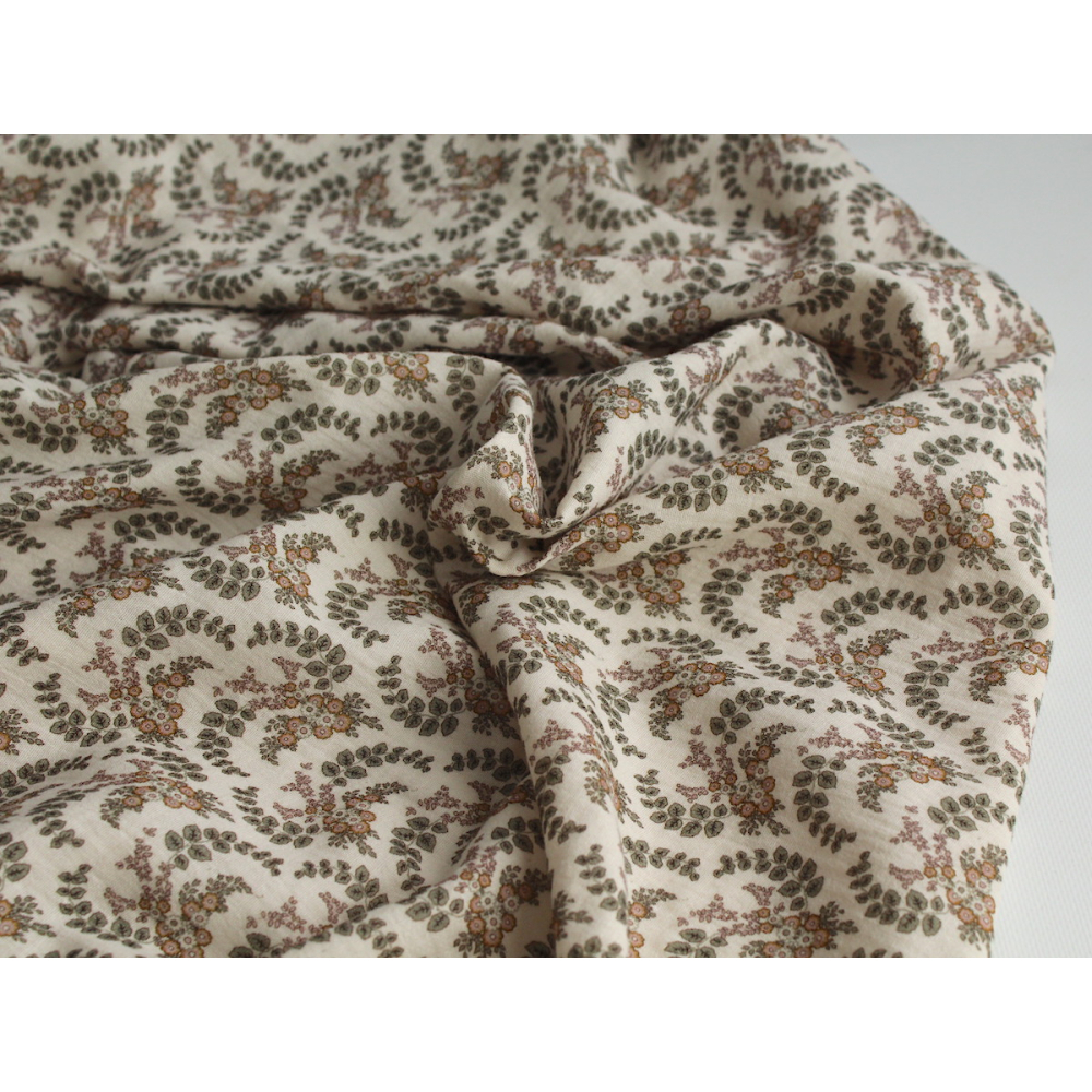 Double gaze de coton organique BIO à fleurs kaki Tissus issus de l'agriculture biologique  - 5