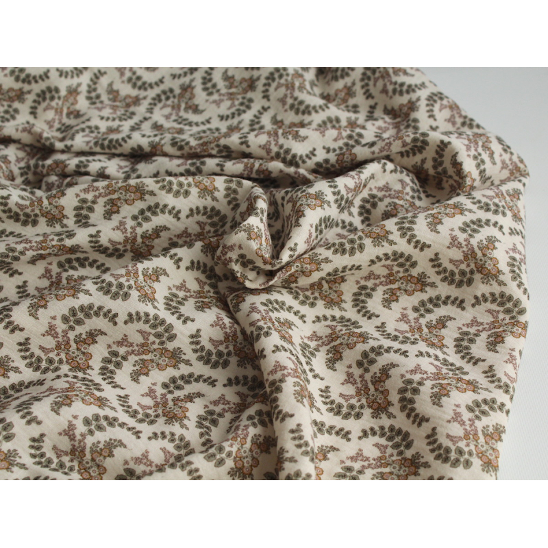 Double gaze de coton organique BIO à fleurs kaki Tissus issus de l'agriculture biologique  - 5