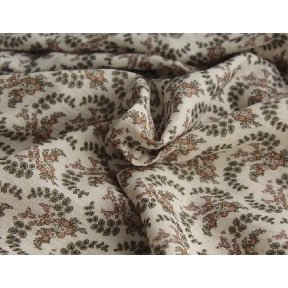 Double gaze de coton organique BIO à fleurs kaki Tissus issus de l'agriculture biologique  - 7