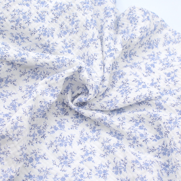 Meriem - Double gaze de coton BIO motif exclusif Bleu faïence Tissus issus de l'agriculture biologique  - 2