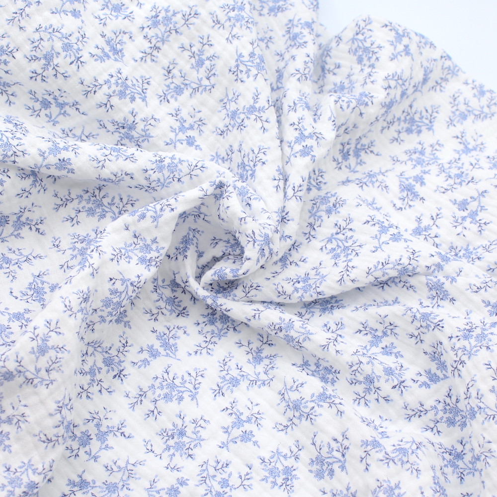 Meriem - Double gaze de coton BIO motif exclusif Bleu faïence Tissus issus de l'agriculture biologique  - 2