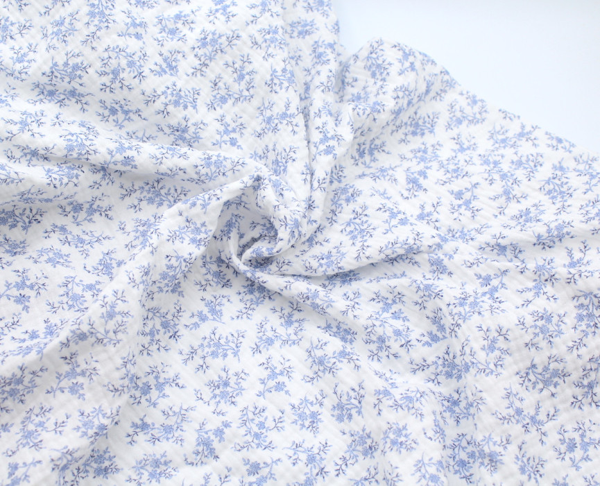 Meriem - Double gaze de coton BIO motif exclusif Bleu faïence Tissus issus de l'agriculture biologique  - 4