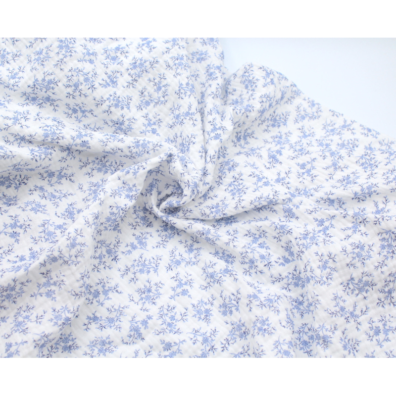 Meriem - Double gaze de coton BIO motif exclusif Bleu faïence Tissus issus de l'agriculture biologique  - 4