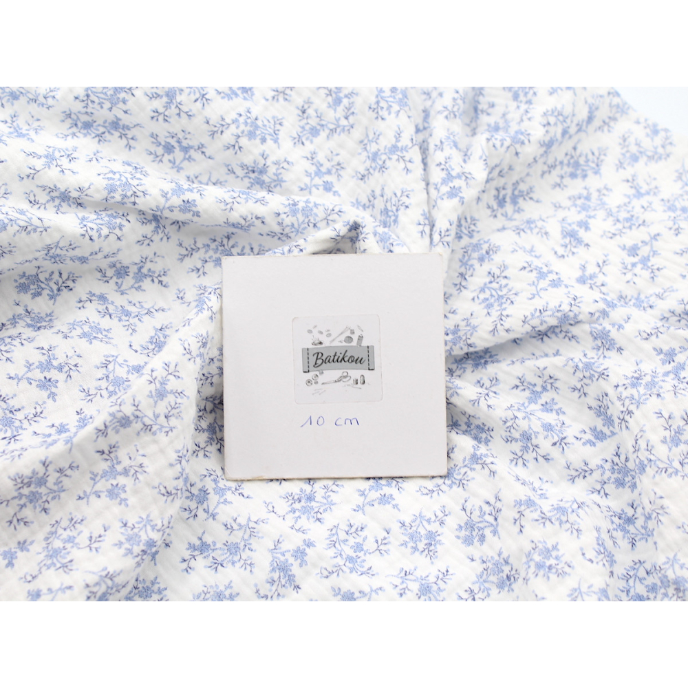 Meriem - Double gaze de coton BIO motif exclusif Bleu faïence Tissus issus de l'agriculture biologique  - 5