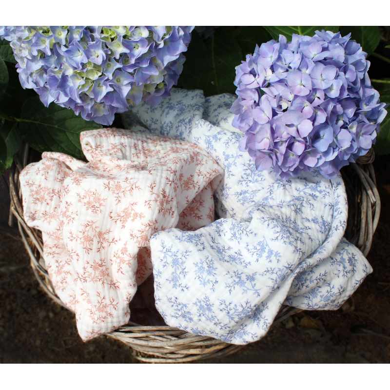 Meriem - Double gaze de coton BIO motif exclusif Bleu faïence Tissus issus de l'agriculture biologique  - 6