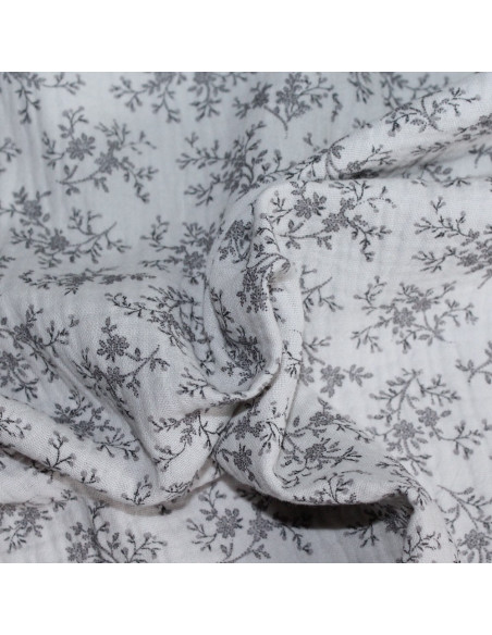 Meriem - Double gaze de coton BIO gris à motifs fleuris