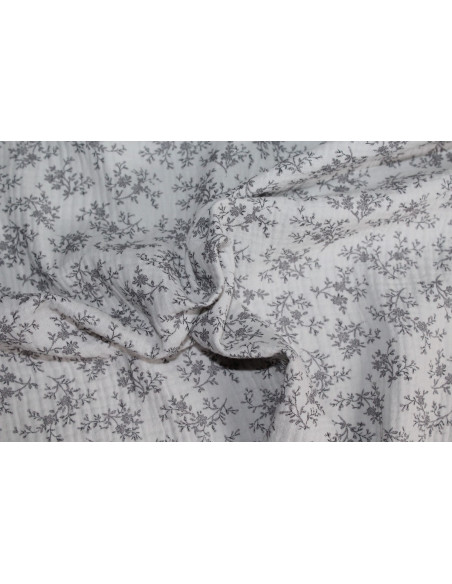 Meriem - Double gaze de coton BIO gris à motifs fleuris