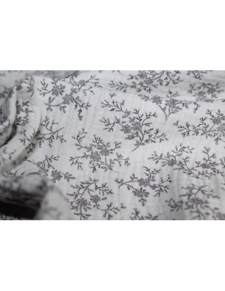 Meriem - Double gaze de coton BIO gris à motifs fleuris