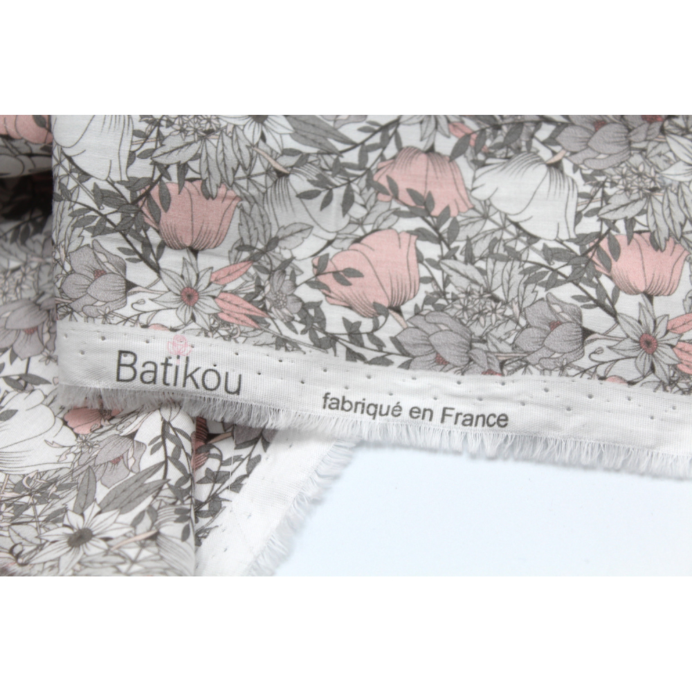 Tissu exclusif Coton lawn motif Lina gris