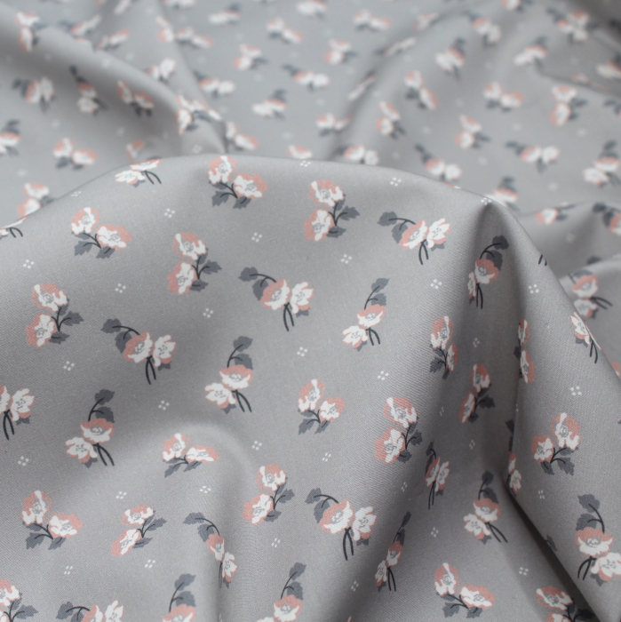 Popeline de coton BIO fine / motif fleuri exclusif Hana gris
