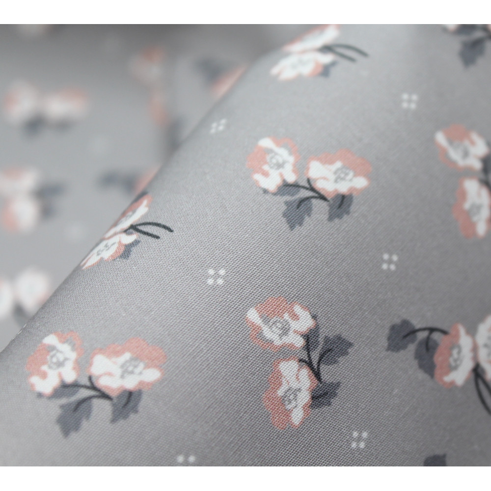 Popeline de coton BIO fine / motif fleuri exclusif Hana gris