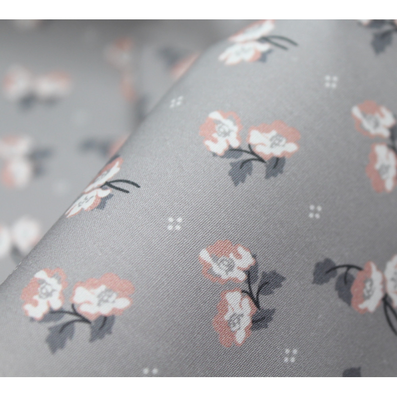 Popeline de coton BIO fine / motif fleuri exclusif Hana gris