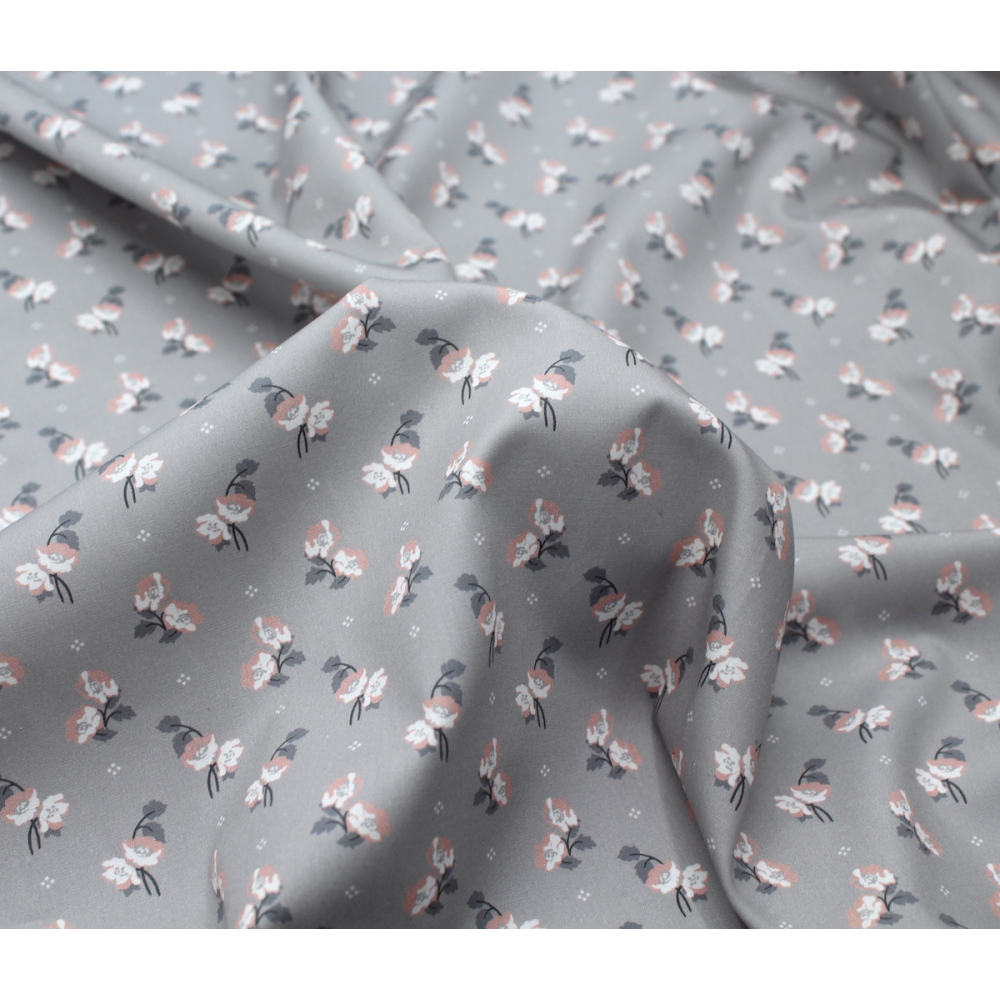 Popeline de coton BIO fine / motif fleuri exclusif Hana gris