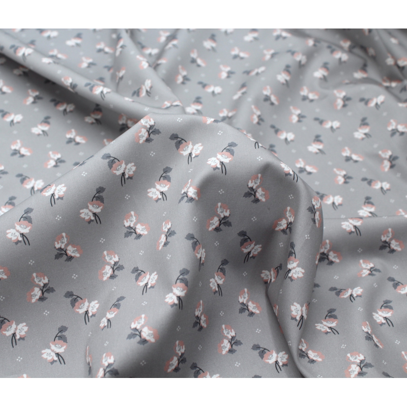 Popeline de coton BIO fine / motif fleuri exclusif Hana gris