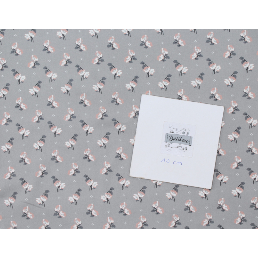 Popeline de coton BIO fine / motif fleuri exclusif Hana gris