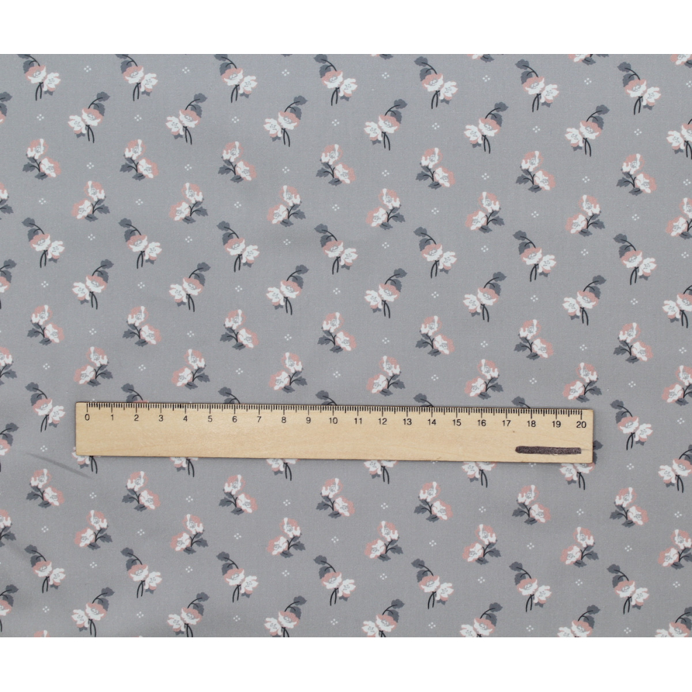 Popeline de coton BIO fine / motif fleuri exclusif Hana gris
