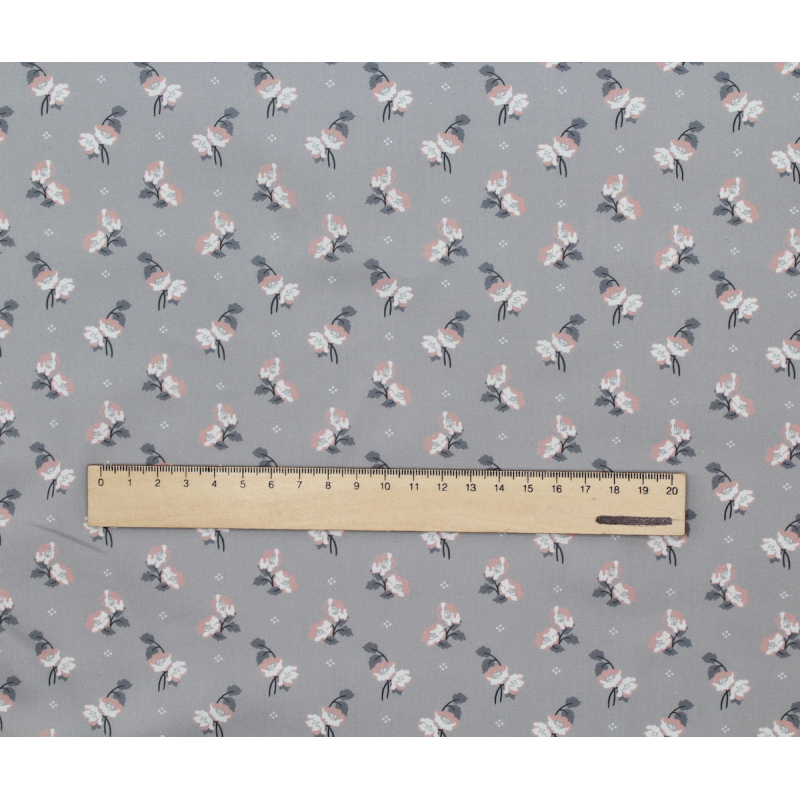 Popeline de coton BIO fine / motif fleuri exclusif Hana gris
