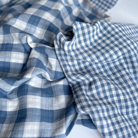Double gaze de coton vichy réversible Bleu jean / blanc