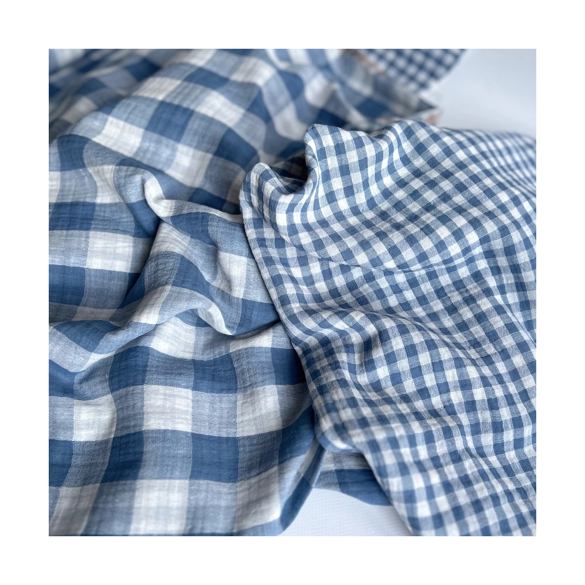 Double gaze de coton vichy réversible Bleu jean / blanc