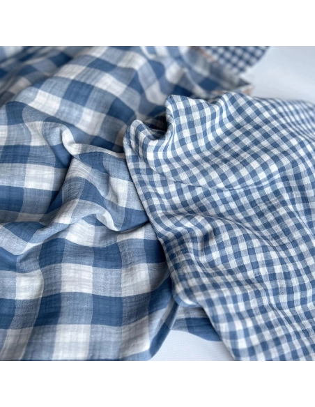 Double gaze de coton vichy réversible Bleu jean / blanc