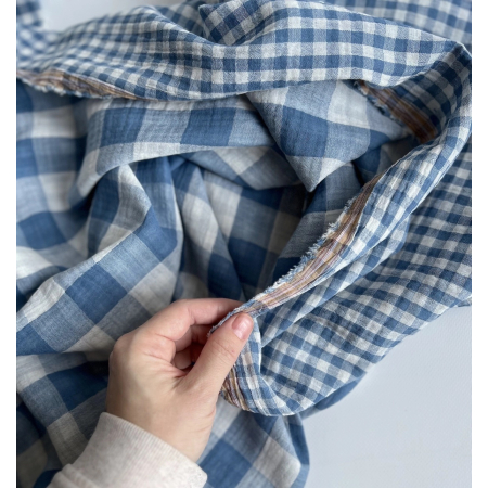 Double gaze de coton vichy réversible Bleu jean / blanc