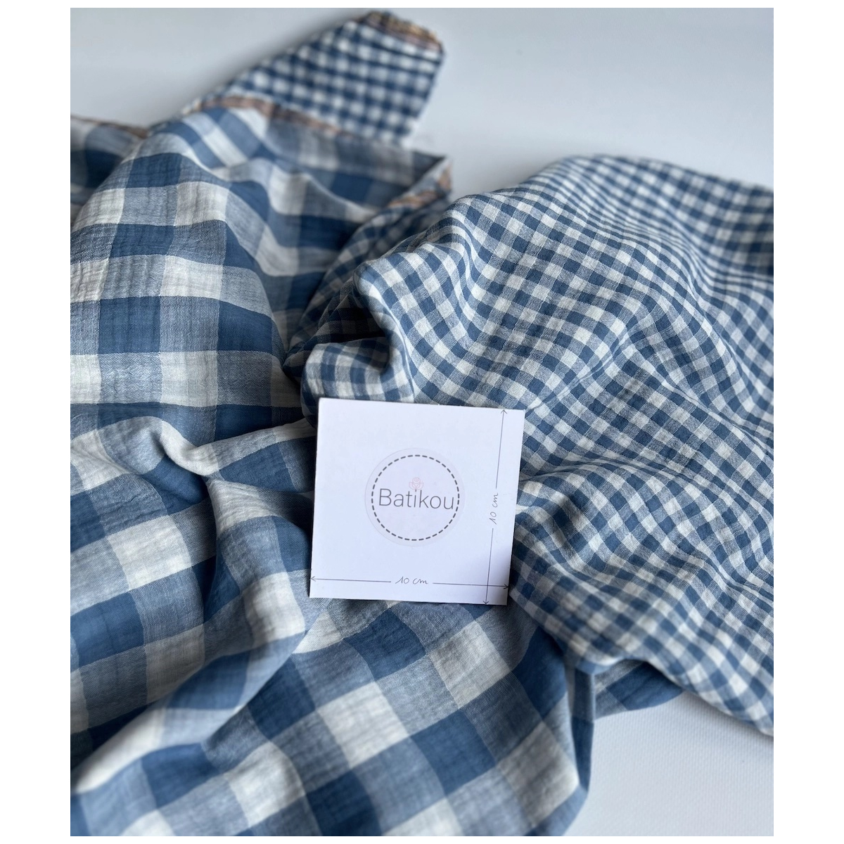 Double gaze de coton vichy réversible Bleu jean / blanc