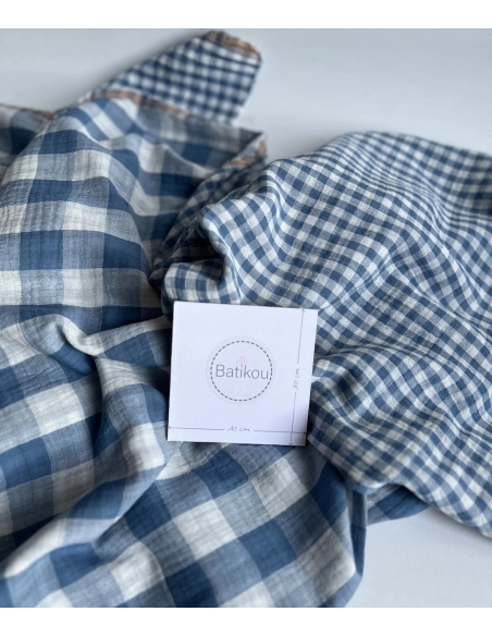 Double gaze de coton vichy réversible Bleu jean / blanc